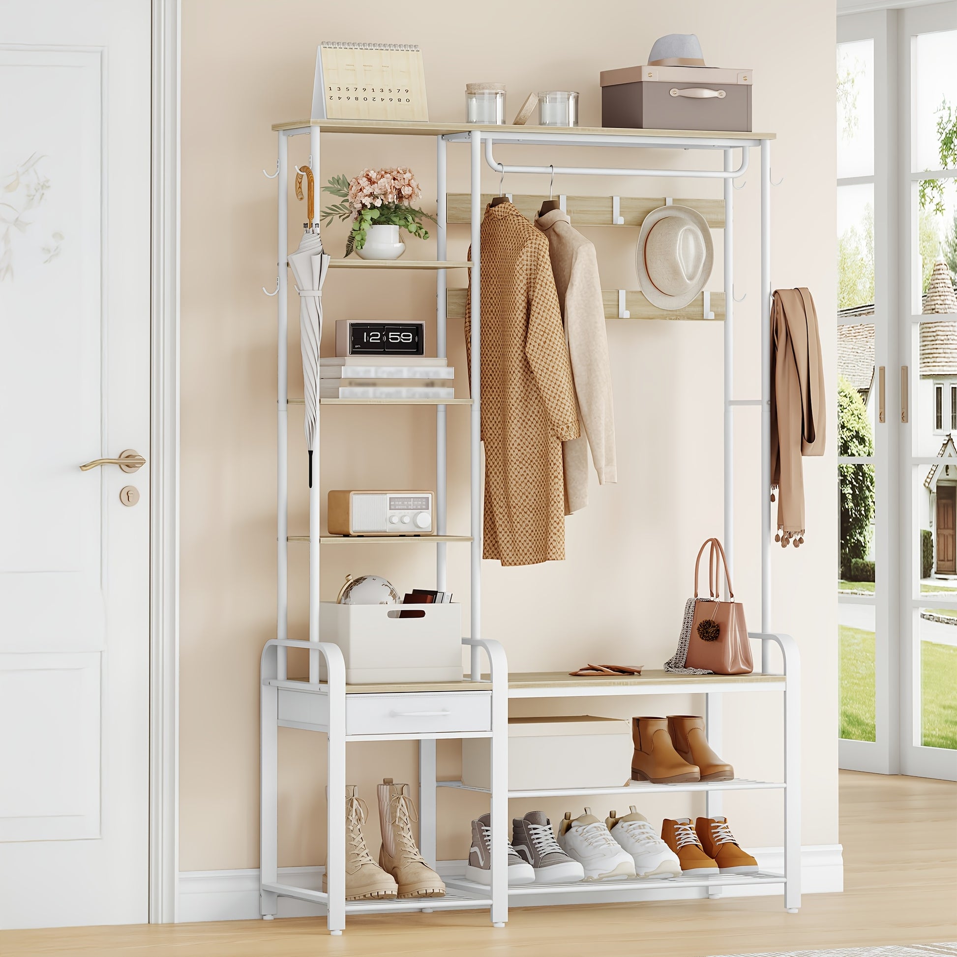 Shoe Rack with Stool, Coat Rack with Three-tier Shoe Bench And 1 Drawer, 5-in-1 Clothes Rack with 17 Hooks, 1 Hanging Rail, 4 Side Shelves, White - QUORE