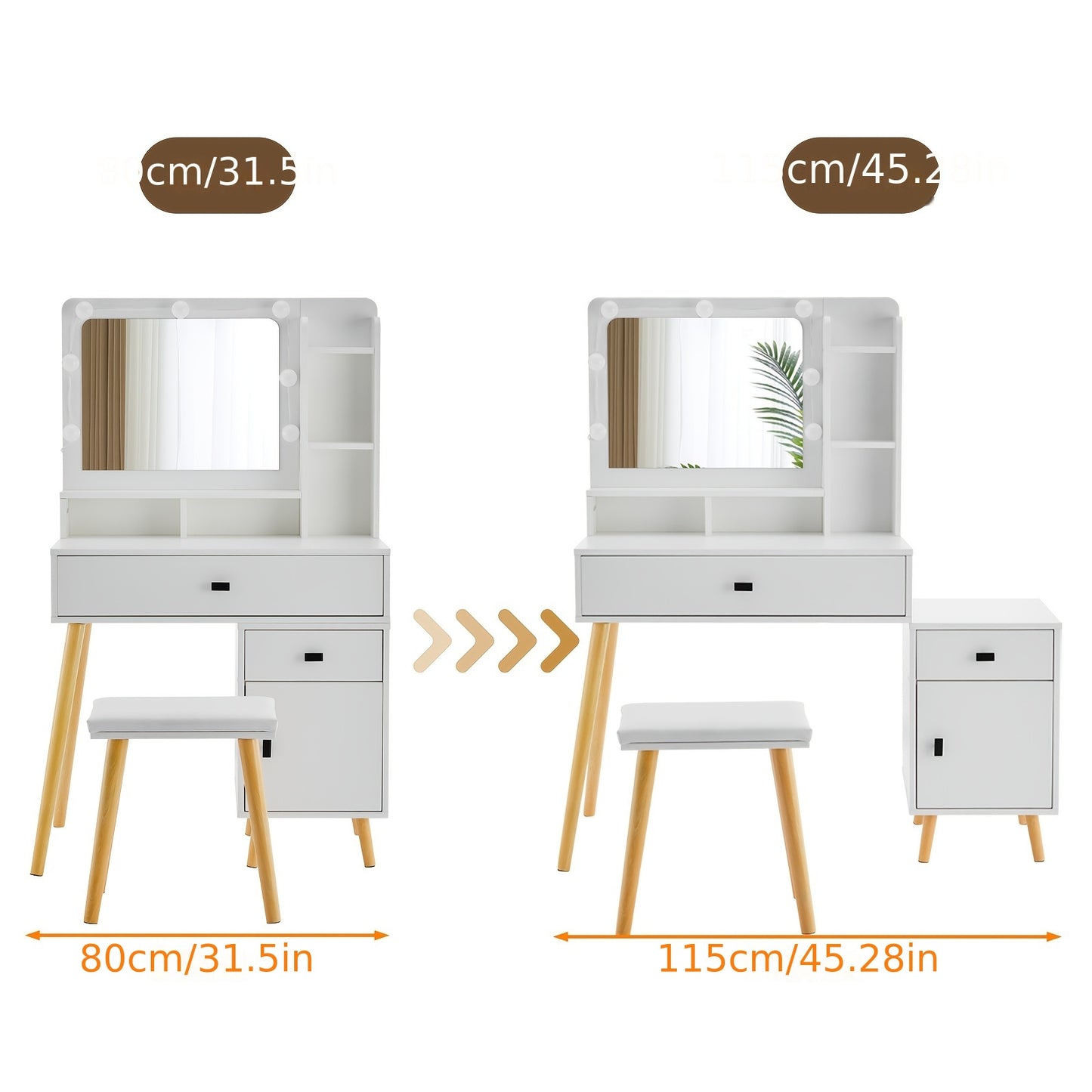 Witte Kaptafel – Make-up Tafel – Vanity Desk – Schminktisch – Dressing Table – Met 2 Opberglades – Uitbreidbaar Opbergkastje – Inclusief Gevuld Krukje