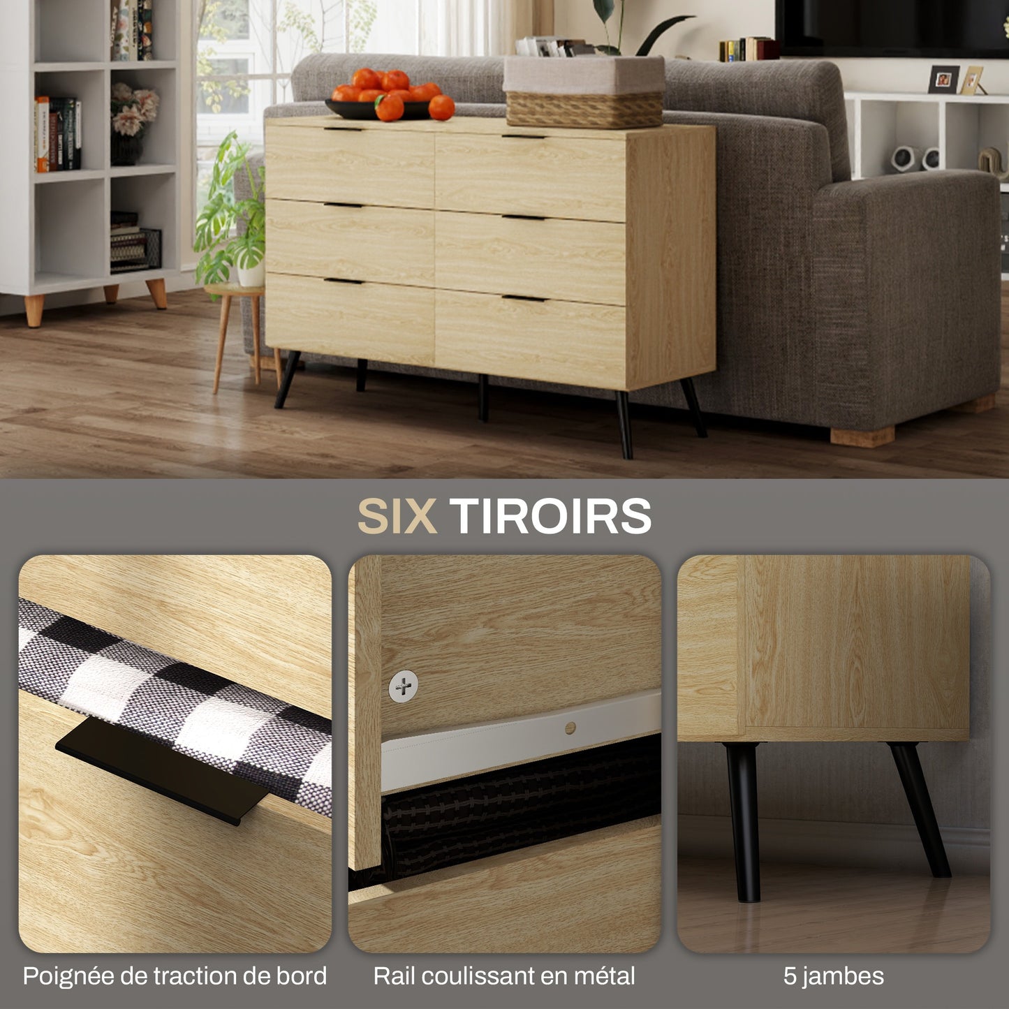 Ladekast – Ladenkast – Dressoir – Commode – Opbergkast – 6 Lades – Anti-Kantel Systeem – Houtnerf Design – 110x40x75 cm