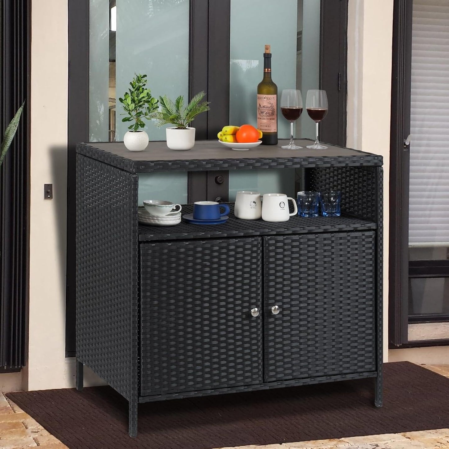Wicker Opbergkast Buiten – Buitenmeubel – Tuinkast – Bar Tafel – Opbergtkast – Weerbestendig Wicker – Compact Design – Praktische Plank – Grijs