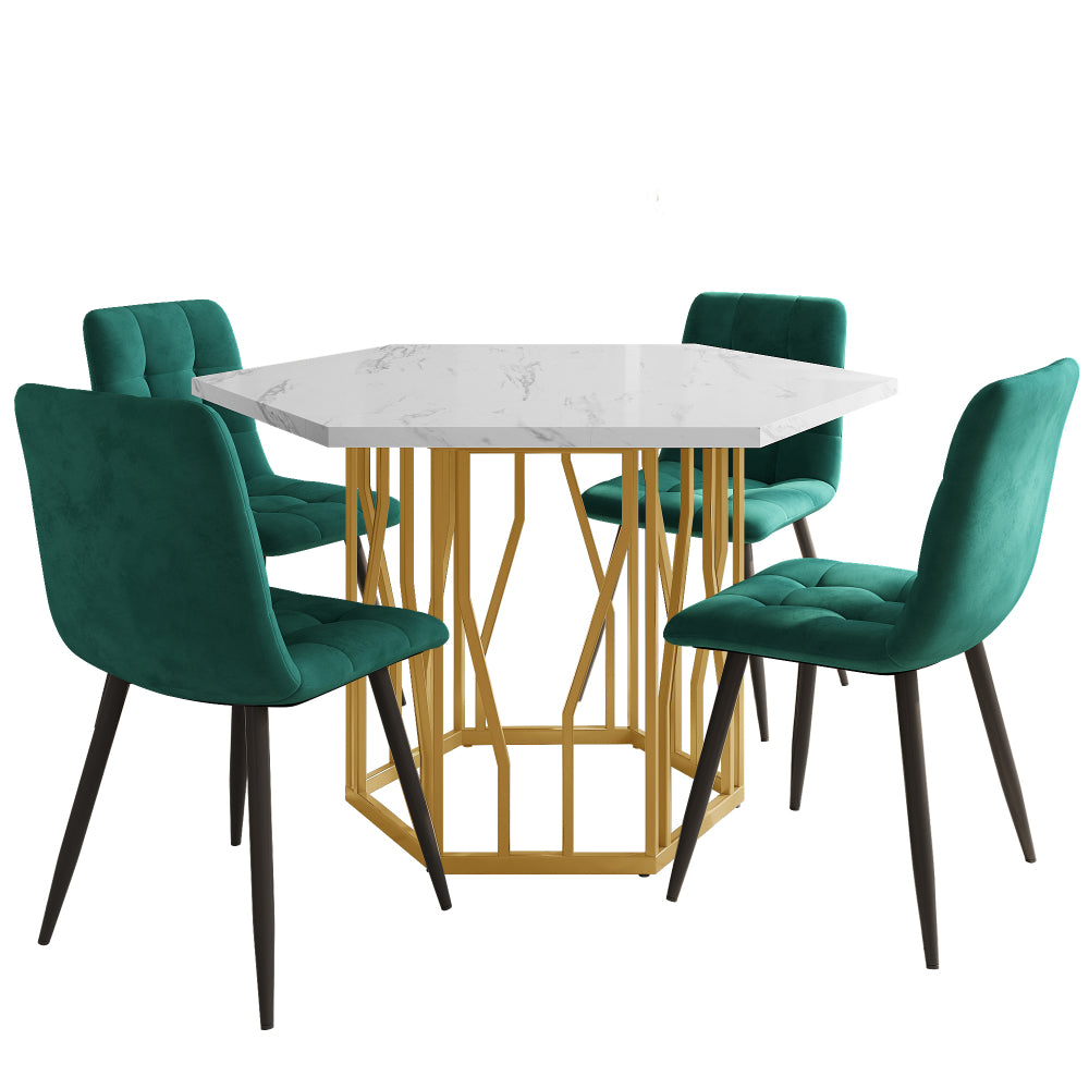 Eettafelset – Dinerset – Tafel En Stoelen – Keukentafelset – Eettafel Met Stoelen – Wit Marmeren Blad – Gouden Stalen Poten – 4 Groene Velvet Stoelen – Compact Hexagonaal Design – Duurzame MDF En Houtframe