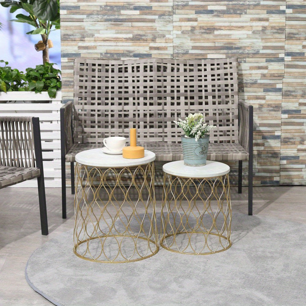 Tuintafel – Bijzettafel – Buitentafel – Balkon tafel – Nesting tafel – Retro Wire Basket Design – Set Van 2 – Metaal Goud Wit – Ruimtebesparend & Weerbestendig