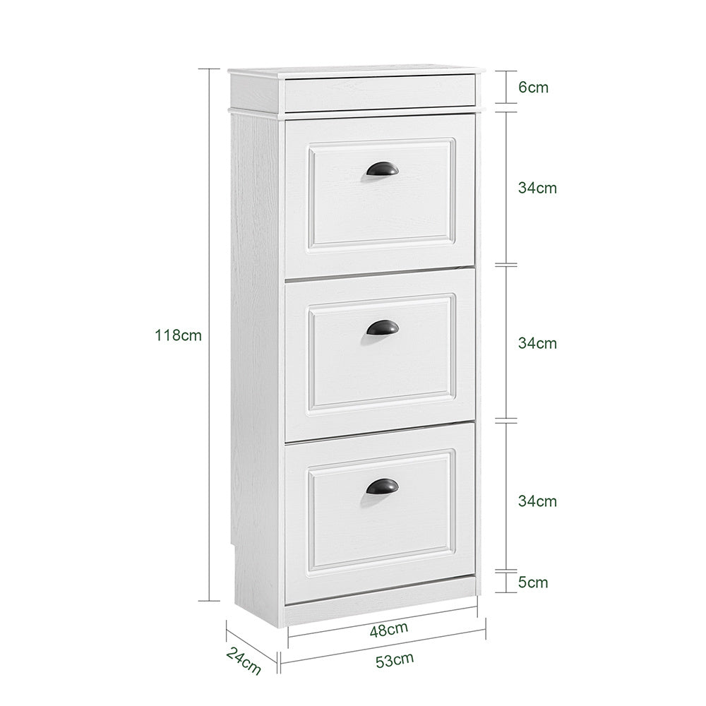Smalle Schoenenkast – Smal Schoenenrek – Schoenopberger – Schoenenschrank – Hal Kast – 3 Deuren Met Verstelbare Planken – Krachtige Houten Constructie Met Kantelbeveiliging – 53x118x24 cm – Wit Vintage Houtnerf