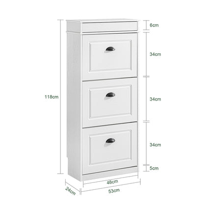 Smalle Schoenenkast – Smal Schoenenrek – Schoenopberger – Schoenenschrank – Hal Kast – 3 Deuren Met Verstelbare Planken – Krachtige Houten Constructie Met Kantelbeveiliging – 53x118x24 cm – Wit Vintage Houtnerf