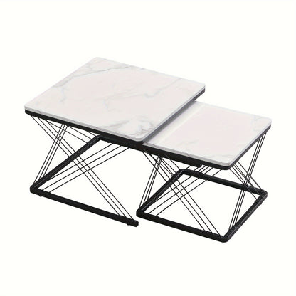2pcs Modern Marble Coffee Table Set - Heavy-Duty Marble Look Square Tables with Height-Adjustable Legs & Assembly, Marble- Combination Table Suitable for, Office, Dorm - Space-Saving
