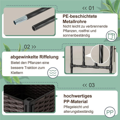 Tuinboog 2-in-1 – Rozenboog – Klimrek – Klimplantboog – Archeon – Met Bloembakken Op Wielen – Met Drainagegaten – 288 cm Hoog – Zwart Metaal en PP