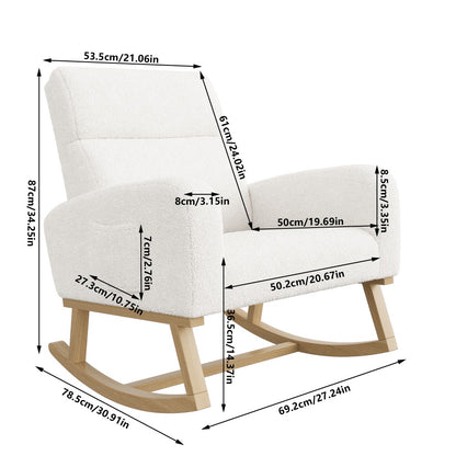 Schommelstoel – Relaxstoel – Fauteuil – Voedingsstoel – Loungestoel – Lammywol Bekleding – Ergonomische Hoge Rugleuning – Zijzakken – Wit