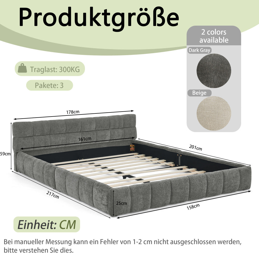 Bedframe – Tweepersoonsbed – Ledikant – Slaapbank – Platformbed – Donkergrijs Chenille – 160x200 cm – Stevig Eucalyptus Hout & IJzeren Frame