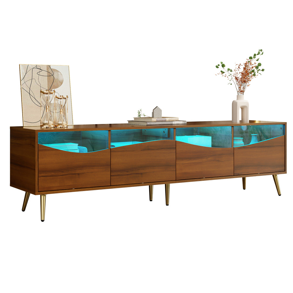 Modern TV Stand with Golden Metal Legs & Glass Top - Extra Long 180cm Media Console, Heavy-Duty Metal Construction, Built-in Storage Cabinet with Open Shelves & Closed Cabinets, Minimalist Living Room Furniture for Large TVs,