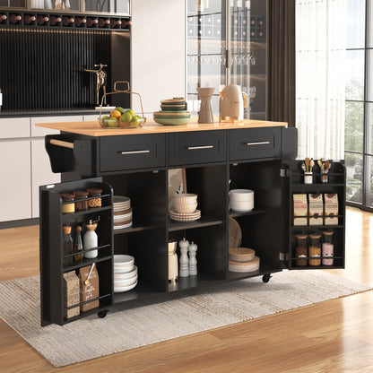 Keukenwagen – Keukentrolley – Servierwagen – Keukenkar – Rolkast – Uitklapbaar Werkblad – Houtlook Blad – 139x46(71)x91,5 cm – Met Laden en Verstelbare Planken – Mobiel en Vast Plaatsbaar – Zwart Met Houten Poten