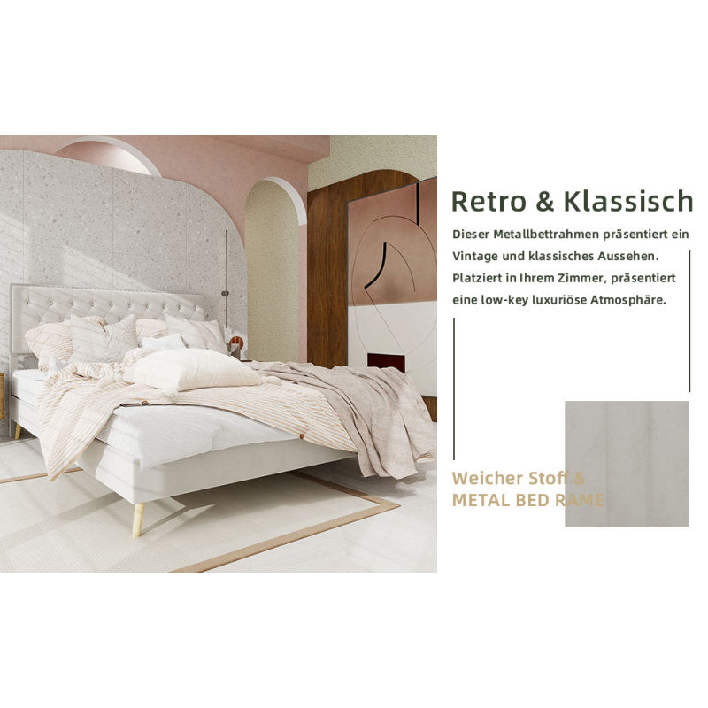 Bed – Bedframe – Slaapbed – Boxspring – Ledikant – Beige Stoffen Hoofdbord Met Geheugenfoam – Lage Boxframe 140x200 cm