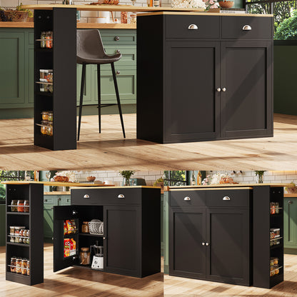360° Rotating Modern Storage Island with 2 Drawers, 2 Doors & Open Shelves - Multi-Functional Black Cabinet with Spacious Countertop, Space-Saving Design for Kitchen, Living Room, Bedroom - Durable Metal Construction, Floor-