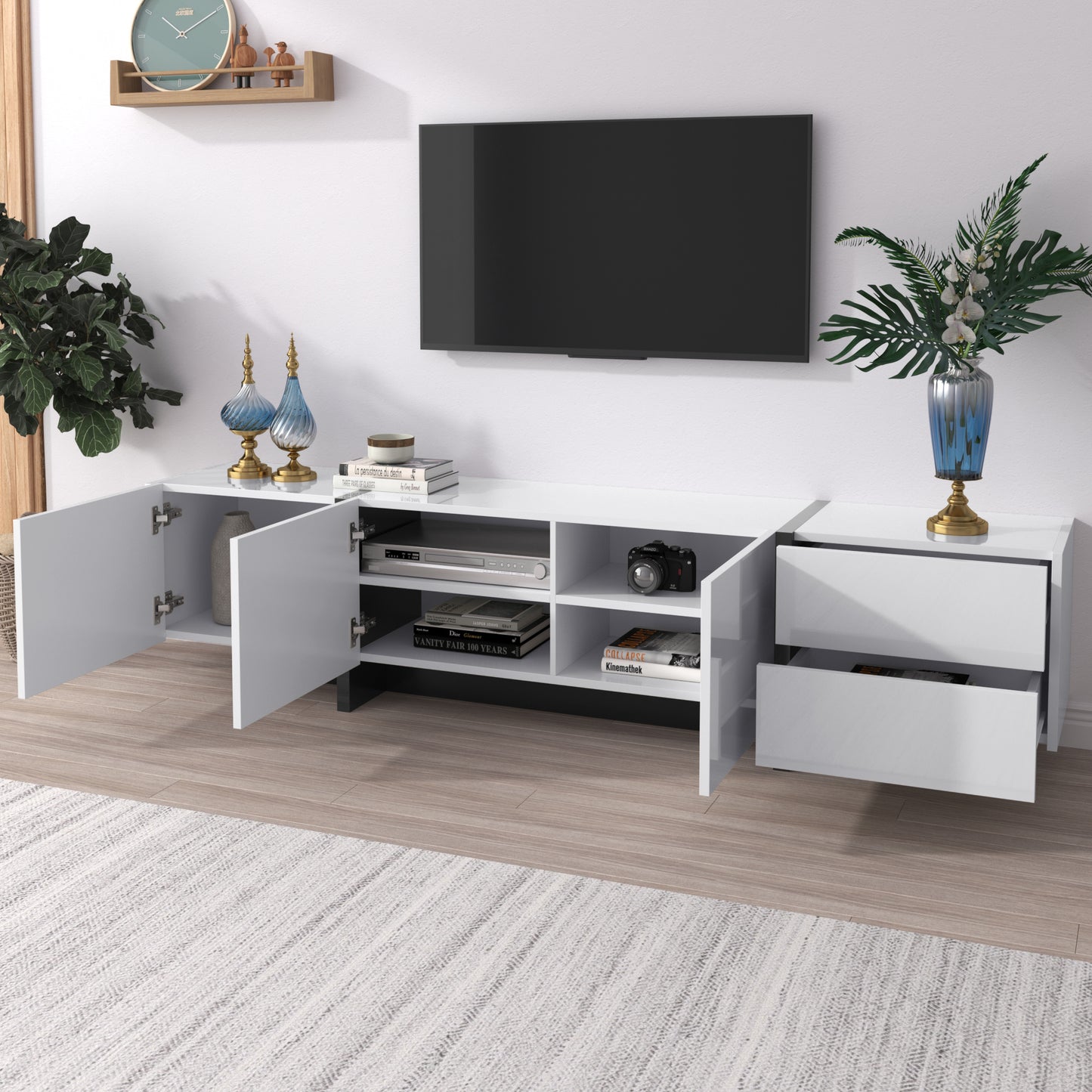 Tv-meubel – Tv-kast – Lowboard – Dressoir – Meubel – Hoogglans Wit Met Mat Zwarte Poot – 190 cm Breed Met 3 Deuren En 2 Lades