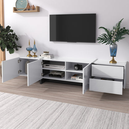 Tv-meubel – Tv-kast – Lowboard – Dressoir – Meubel – Hoogglans Wit Met Mat Zwarte Poot – 190 cm Breed Met 3 Deuren En 2 Lades