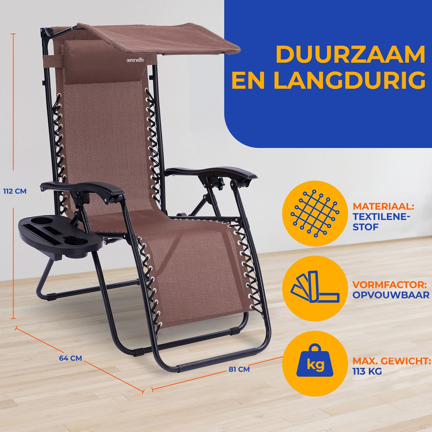 Lounge Stoel – Tuinstoel – Ligstoel – Relaxstoel – Verstelbare Stoel – Ingebouwd Zonnescherm – Afneembare Zijtafel met 2 Cupholders
