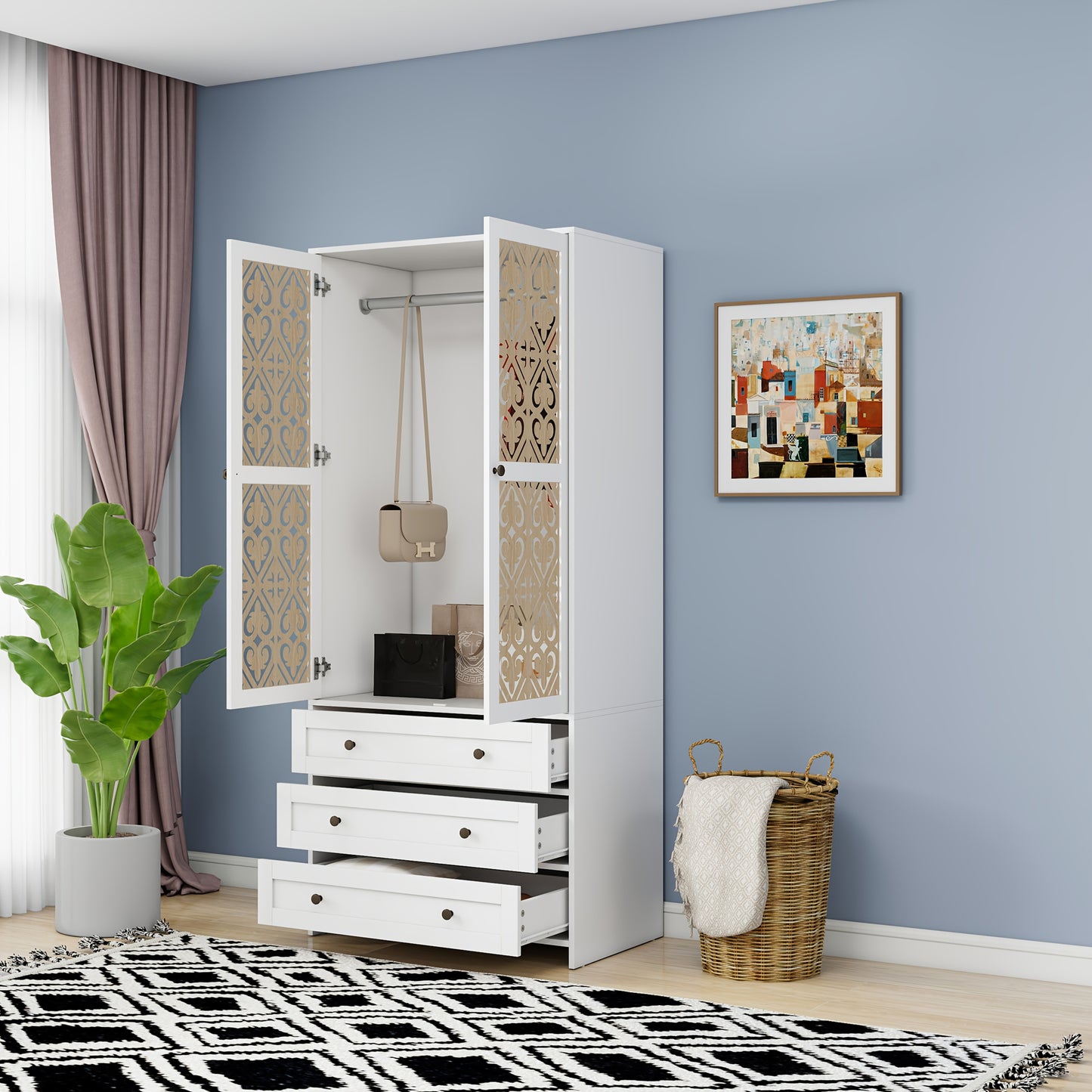 Opbergkast – Kledingkast – Bergkast – Kast Met Laden – Opbergmeubel – Wit – Twee Deuren En Drie Lades – Compact 90L Ruimte