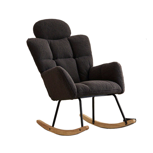 Schommelstoel – Relaxfauteuil – Schommelzetel – Wipstoel – Stoel Grijs – Zachte Teddy Stof – Stevige Houten Constructie – Dikke Rugleuning – Vloerbeschermende Poten