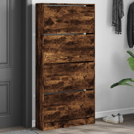 Shoe Cabinet with 4 Flap Drawers Measuring 80X21X163.5 Cm in Smoked Oak Color. This Stylish Shoe Cabinet Prevents Messy Shoes And Creates a Tidy Environment; The Metal Frame Provides Strength And Stability. The Cabinet Is Lig