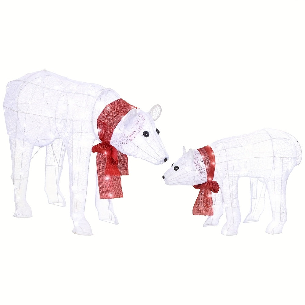 Kerstfiguur Polarbeer – IJsbeer Decoratie – Winterfiguur – Kerstdecor – Duo Set – LED Verlichting – Timerfunctie – Weerbestendig – Batterij Operatie – Zelfstaand – Met Rode Strik