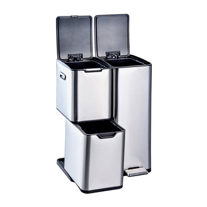 Prullenbak – Afvalbak – Afvalemmer – Pedaalemmer – Vuilnisbak – 60 Liter – Drie Compartimenten – RVS Geborsteld