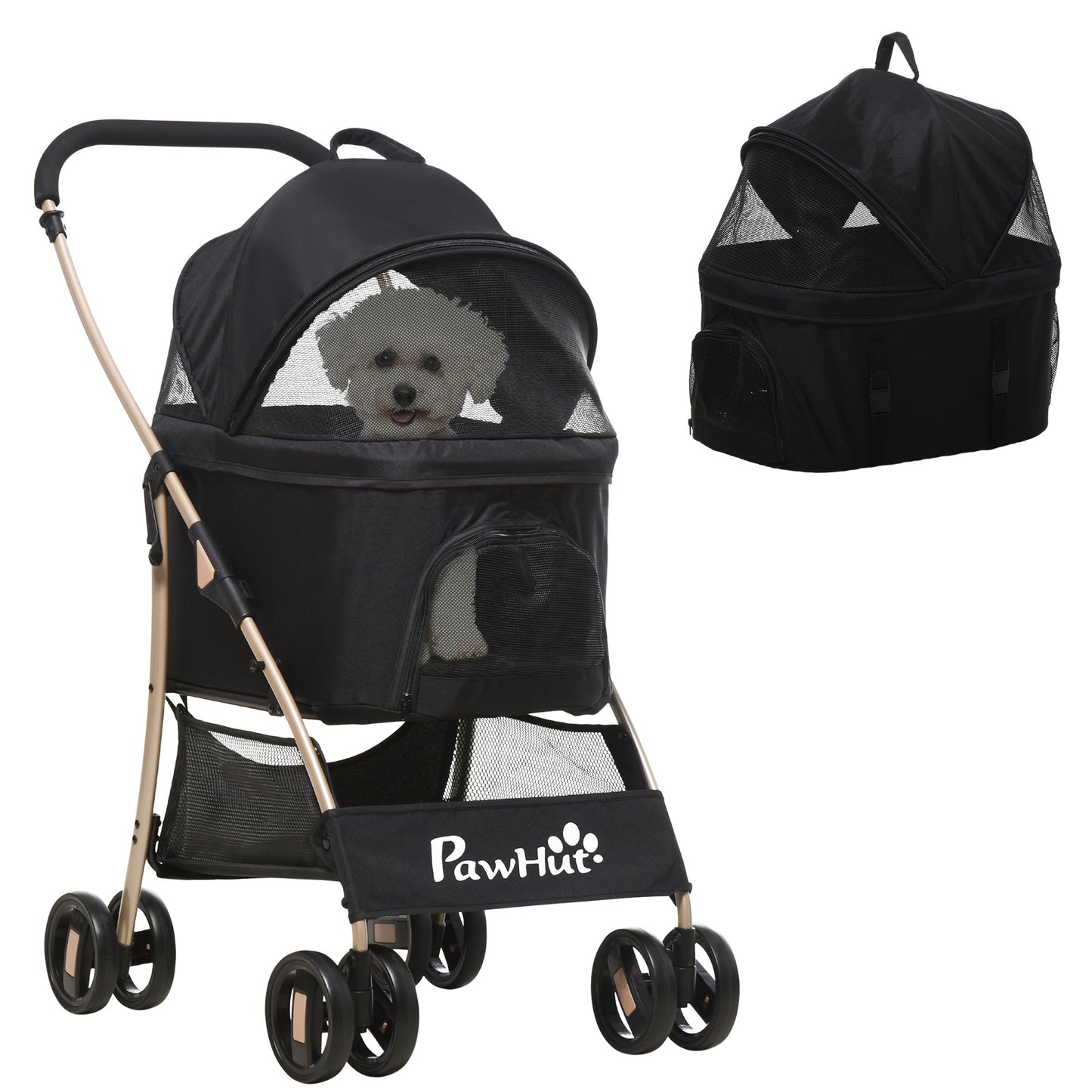 Dierenwagen – Hondenwagen – Kattenwagen – Huisdierenwagen – Dierenbuggy – 2-in-1 Uitneembare Binnenmand – Stevig Metaal Frame met Ademende 600D Oxford Bekleding – Zwart