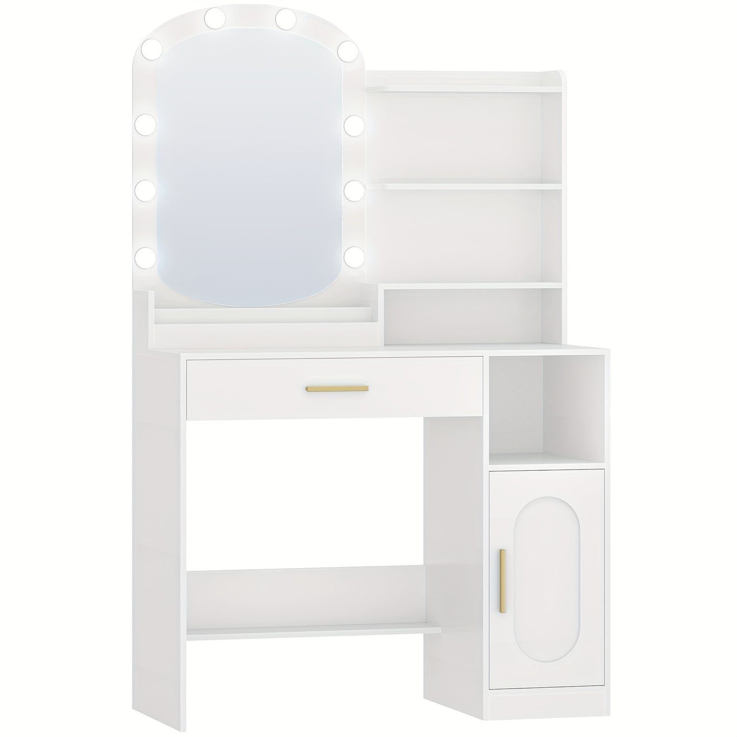 Jewelry Cabinet, Dressing Table With Oval Mirror, Dressing Table With LED Lights, Adjustable Brightness, Vanity Desk With Drawer, Cabinet And Open Compartments, Modern Bedroom Dresser, Jewelry Armoires - QUORE
