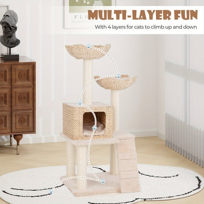 Kattenboom – Krabpaal – Klimpaal – Kattenmeubel – Katzenhuis – Natuurlijk Sisaltouw – Handgevlochten Cat-Tail – Wasbare Kussens – 60x48x122 cm – Stevige Constructie