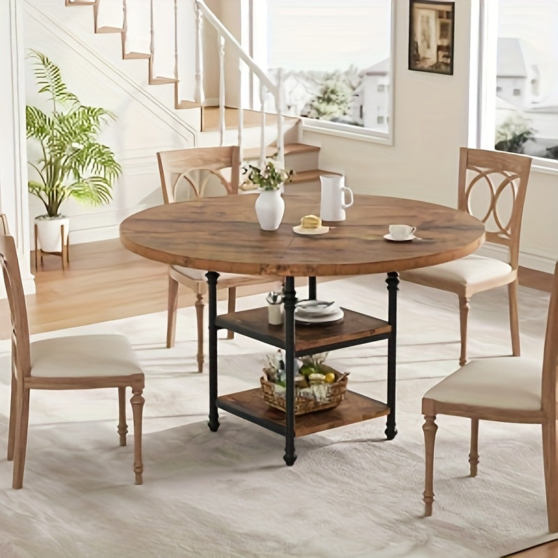 Ronde Eettafel – Ronde Tafel – Dining Table – Eetkamertafel – Keukentafel – Met Opbergplank – Massief Houten Blad – Gouden Metalen Poten – 119 cm – Geschikt voor 4-6 Personen