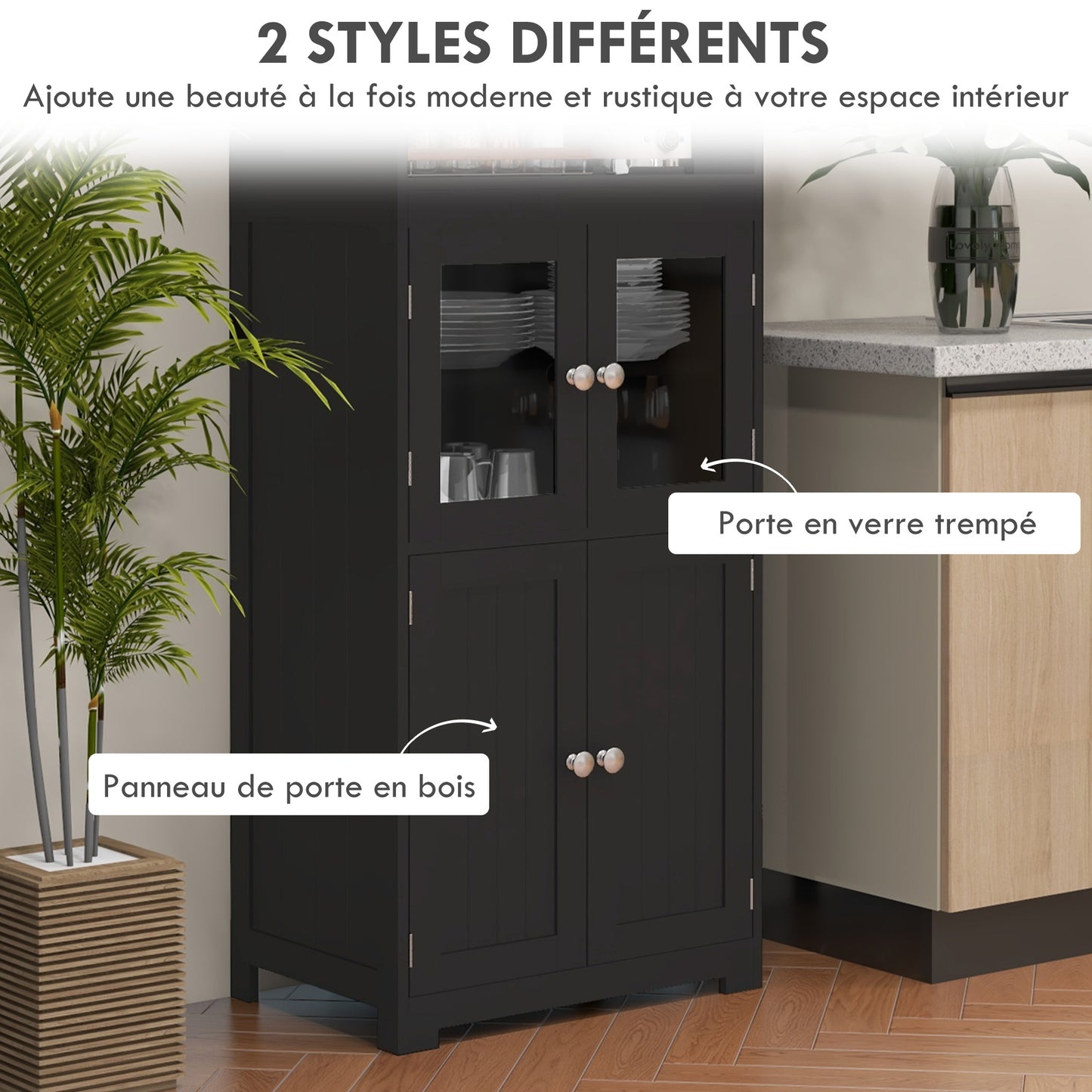 Keukenopbergkast – Keukenkast – Buffetkast – Dressoir – Sideboard – Zwart MDF Met Glazen Deuren – 60x30x162 cm – Verstelbare Plank