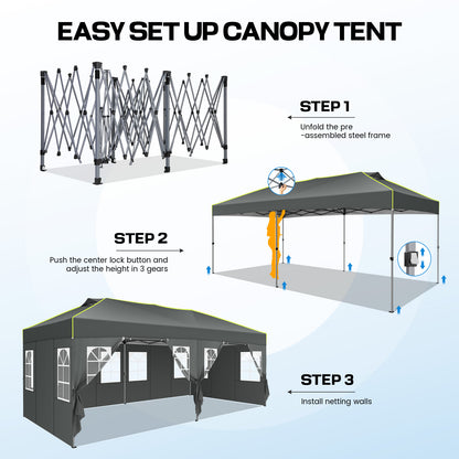 Pop-up Tent – Partytent – Tuinkamer – Vouwtent – Zonnescherm – Grijs – 3x6m Met 6 Afneembare Zijwanden – 3 Hoogtes Verstelbaar