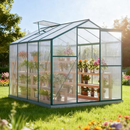 Aluminum Greenhouse with Foundation, 4.75m² - 190 × 253cm, Includes 1 Skylight and Sliding Doors, Garden Greenhouse Plant House, Tomato Room,  Plant Propagation Space, Walk-In Greenhouse, Plant House Enclosure, Minimalist F