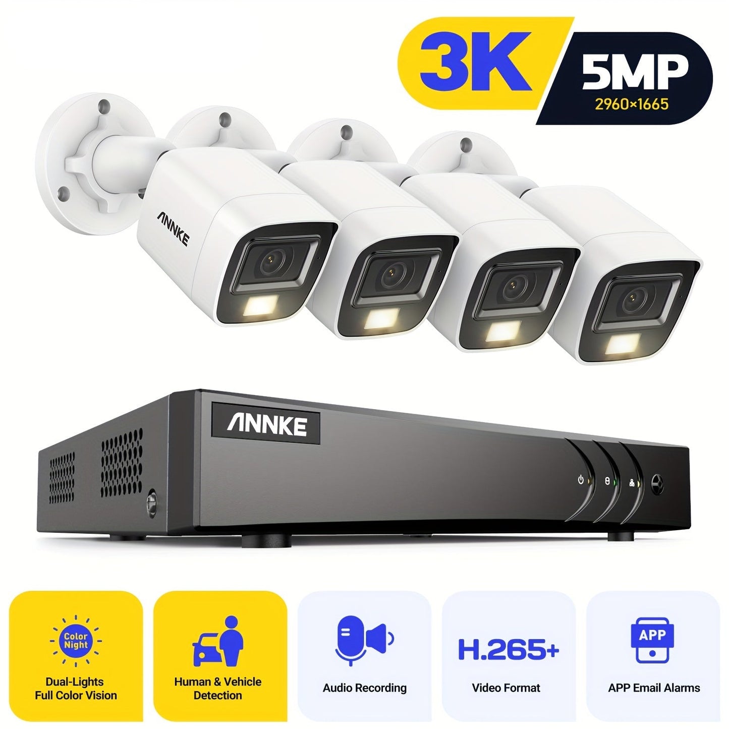 4K Beveiligingscamera Set – Surveillance Camera – Bewakingscamera – CCTV Camera – Beveiligingssysteem – 4-delige Set 3K Resolutie – Slimme Mens- en Voertuigdetectie