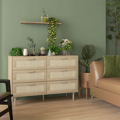 Opbergkast – Ladekast – Commode – Kast – Dressoir – 6 Lades – Rotan Geweven Front – Licht Hout – Compact Formaat – Stevige Constructie