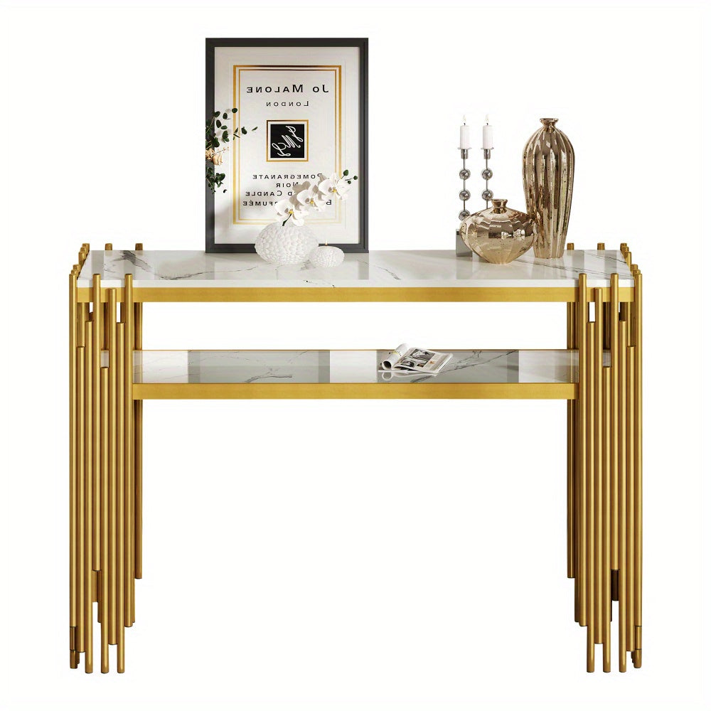 Sidetable – Wandtafel – Consoletafel – Haltafel – Bijzettafel – Mid-Century Modern – Wit Met Gouden Poten – MDF Dubbele Laag – Draagt Tot 40kg
