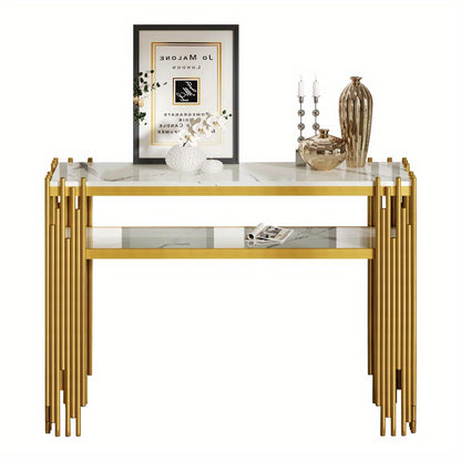 Sidetable – Wandtafel – Consoletafel – Haltafel – Bijzettafel – Mid-Century Modern – Wit Met Gouden Poten – MDF Dubbele Laag – Draagt Tot 40kg