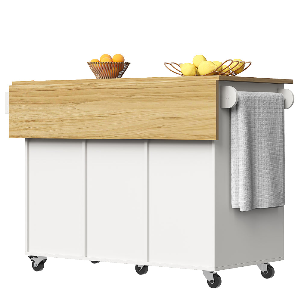 White Metal Mobile Kitchen Island Cart with Wood-Grain Tabletop, Adjustable Dividers, Towel & Spice Racks, Removable Cabinet Doors & Lower Storage - Heavy-Duty Rolling Cabinet with Upper Display Shelf, Easy Assembly, Space-Sa