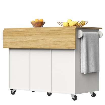 White Metal Mobile Kitchen Island Cart with Wood-Grain Tabletop, Adjustable Dividers, Towel & Spice Racks, Removable Cabinet Doors & Lower Storage - Heavy-Duty Rolling Cabinet with Upper Display Shelf, Easy Assembly, Space-Sa