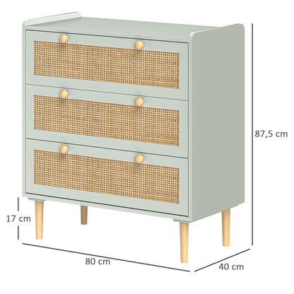 HOMCOM 3-Drawer Bohemian Style Storage Dresser with Wooden Frame, Rattan Dresser for Bedroom, Living Room, Entryway, 80 x 40 x 87.5 cm, Olive Green