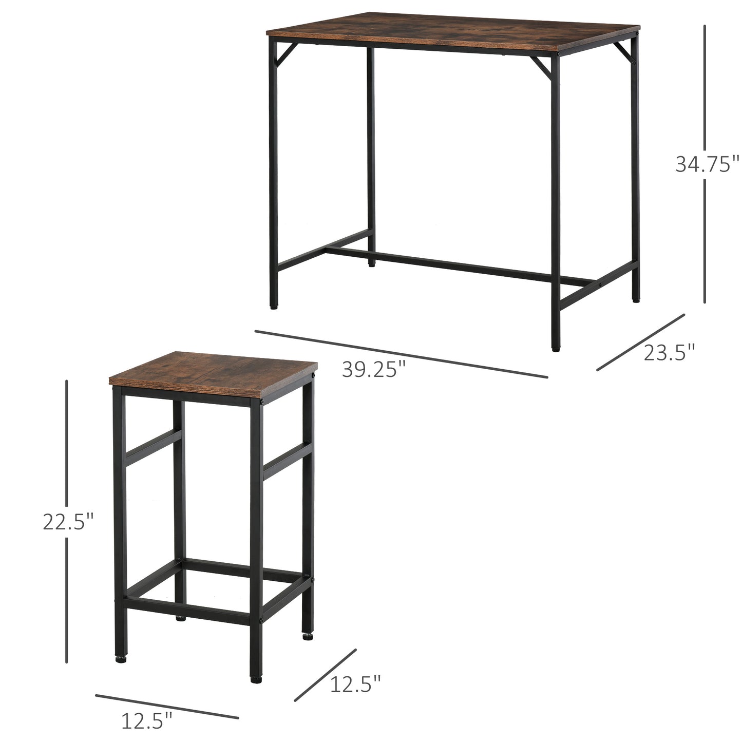 Barkastel – Bartafel Set – Bar Meubel – Barkrukken – Bar Stoelen – Industrieel Design – Space-Saving Compact – Melaminehout En Stalen Frame – Rustiek Bruin Zwart