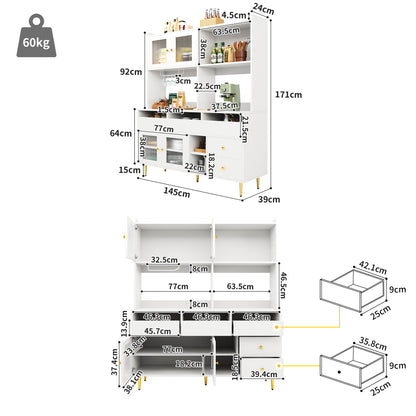 Modern White & Golden Tall Dining Cabinet with Glass Doors & Wine Rack - Multi-Tier Storage Floor-Standing Kitchen Organizer, 57" Height (145cm), 15.35" Depth (39cm), 66.93" Width (171cm), 3.2+ Cubic Feet Capacity, Metal Cons