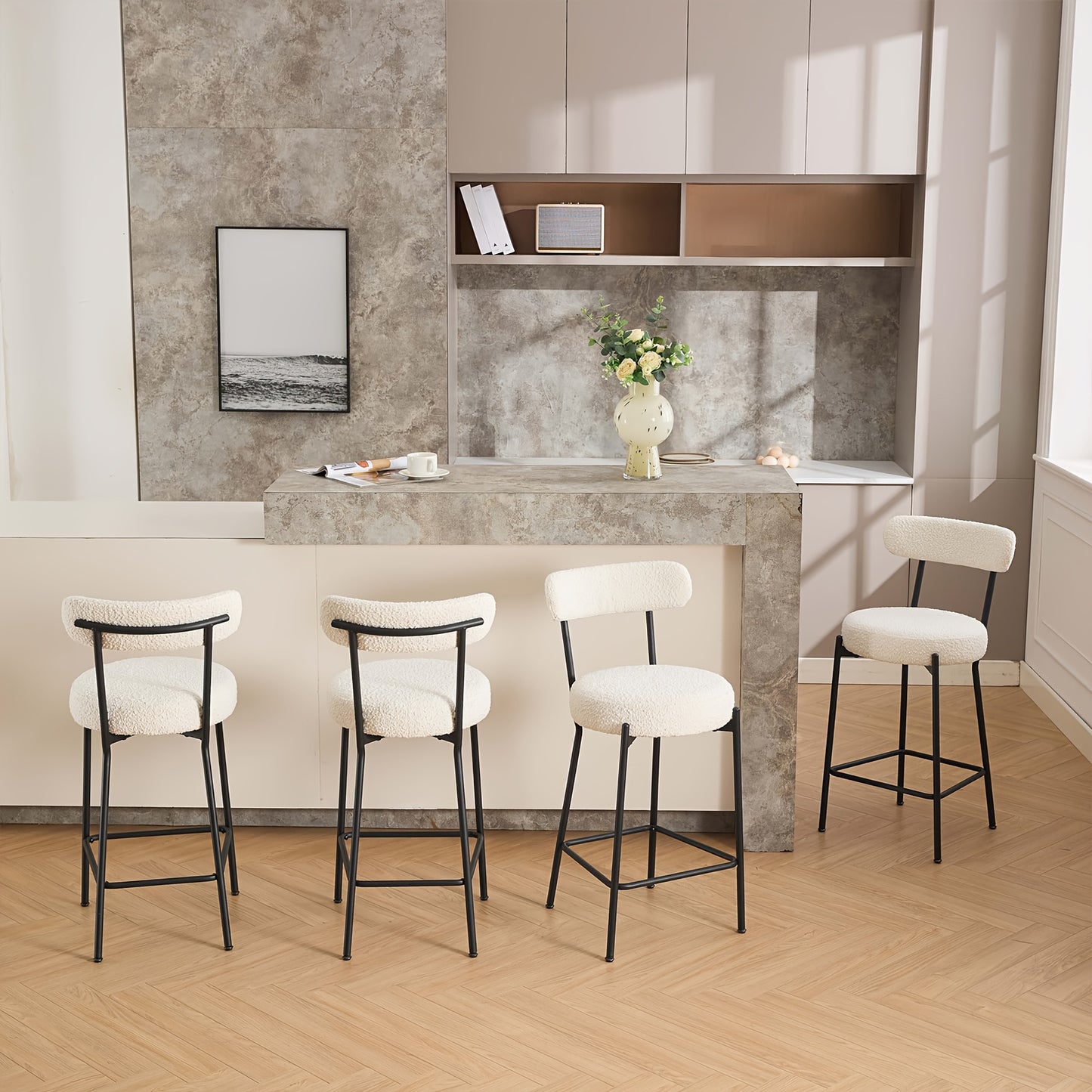 Set of 2 - Heavy-Duty Commercial/Residential Bar Stools with Backrest & Footrest, Modern Counter Height Chairs - No Assembly Needed, Sturdy Metal Legs & Boucle Upholstery - for Kitchen Island, Dining Room, Home Bar - Easy-Cle