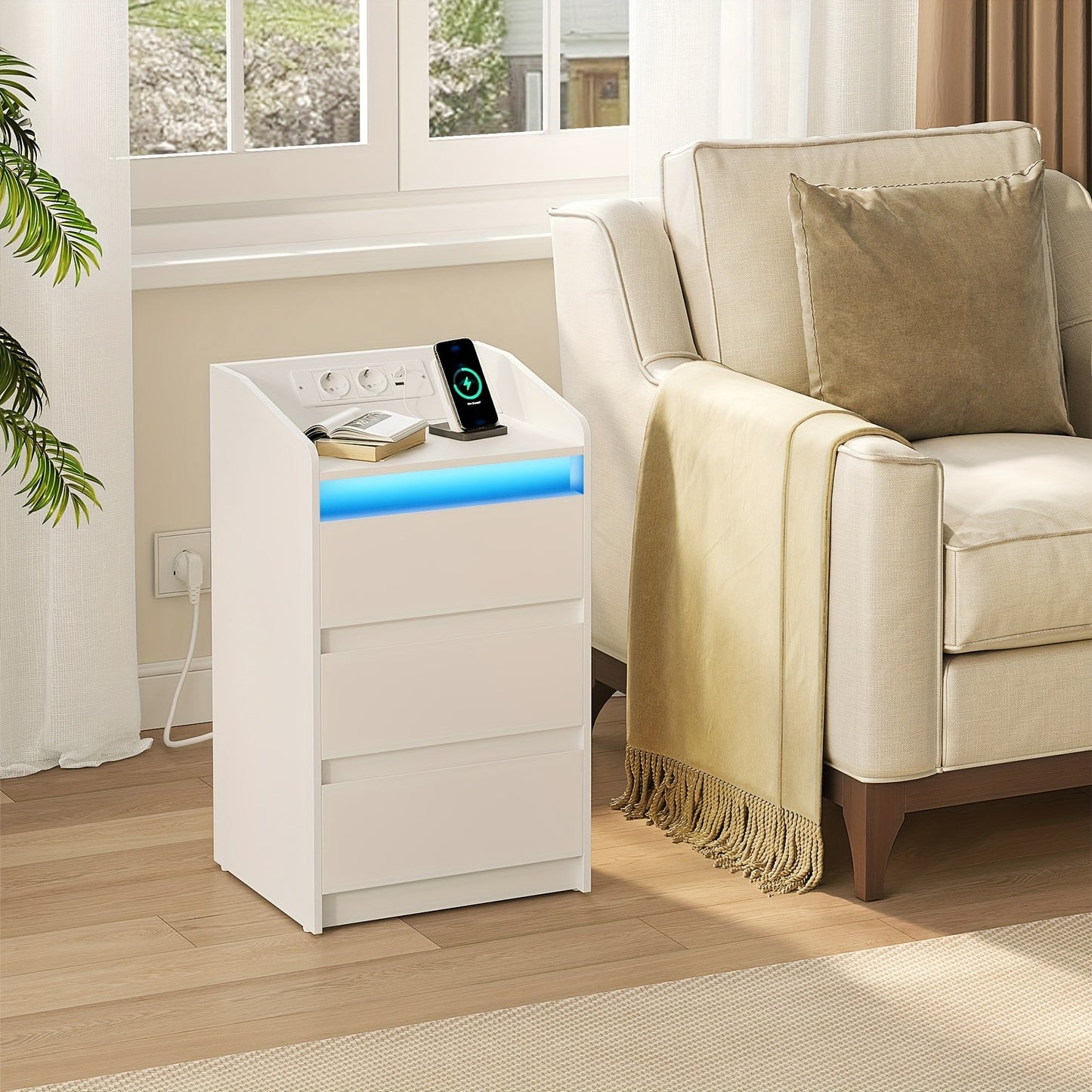 Chest Of Drawers Set Of 2 with 3 Drawers, Side Table with Charging Station And LED, 2 AC Outlets And 2 USB Ports, Bedroom Storage, Storage for Books, And Miscellaneous Items In The Living Room And Bedroom, Organization And St - QUORE