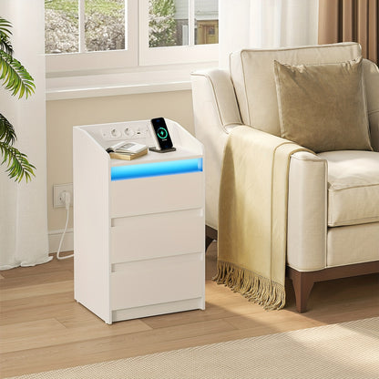 Chest Of Drawers Set Of 2 with 3 Drawers, Side Table with Charging Station And LED, 2 AC Outlets And 2 USB Ports, Bedroom Storage, Storage for Books, And Miscellaneous Items In The Living Room And Bedroom, Organization And St - QUORE