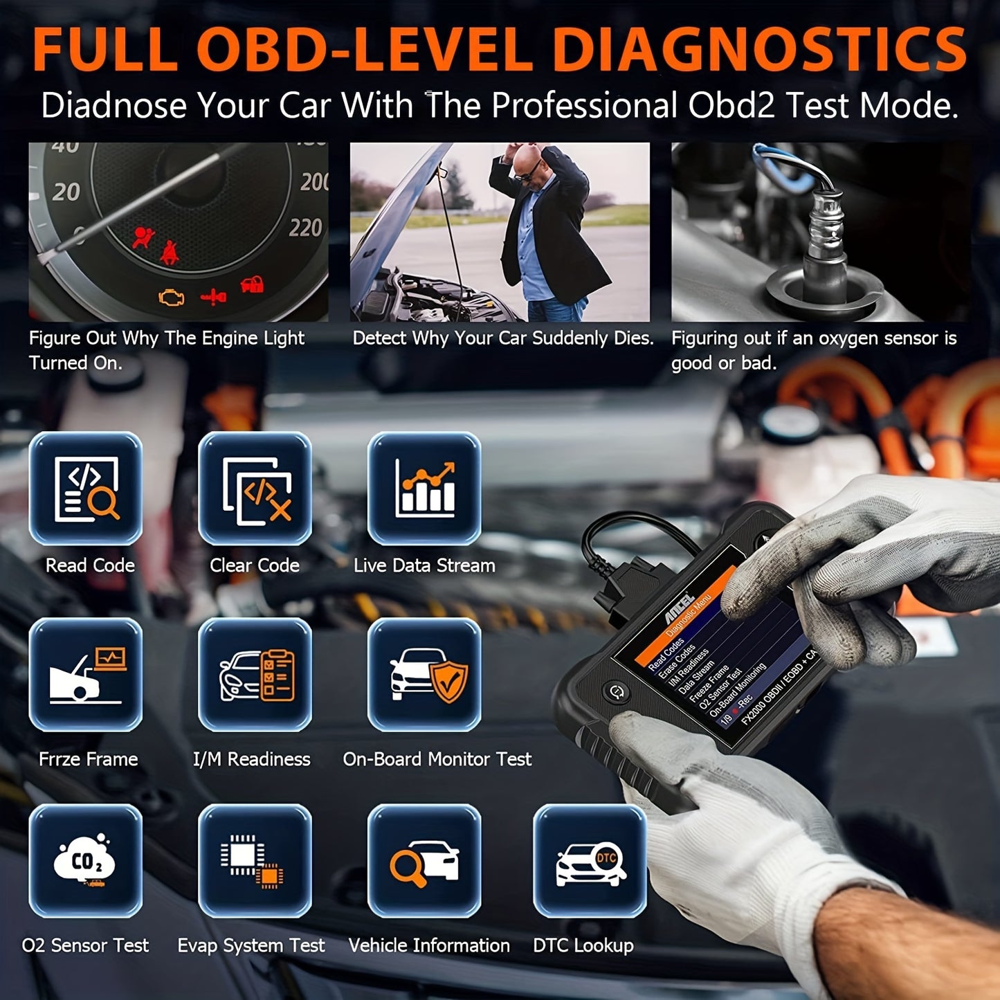 OBD2 Diagnose Scanner – Auto Foutcode Lezer – Motor Diagnose Tool – ABS SRS Scanner – Transmissie Scanner – USB Oplaadbaar – Compact & Gebruiksvriendelijk