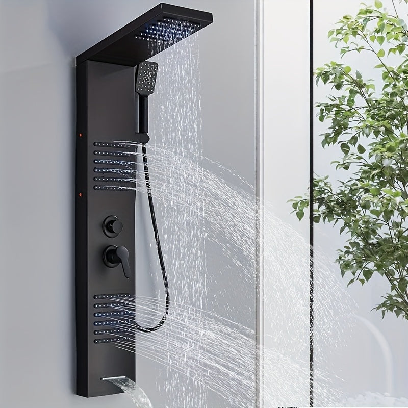 5-in-1 Stainless Steel Shower Panel Tower System with Rainfall Showerhead, Waterfall Spout, Handheld Shower & Tub Spout - High-Pressure Wall-Mounted Bath System, Matte Black Finish, Blue Backlit Controls, Easy Installation (N