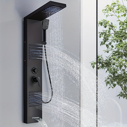 5-in-1 Stainless Steel Shower Panel Tower System with Rainfall Showerhead, Waterfall Spout, Handheld Shower & Tub Spout - High-Pressure Wall-Mounted Bath System, Matte Black Finish, Blue Backlit Controls, Easy Installation (N