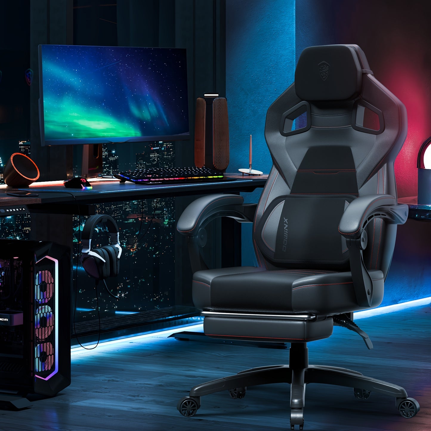 Ergonomische Gamingstoel – Bureaustoel – Gamestoel – Zitzakstoel – Computerstoel – Met Voetensteun – Verstelbare Hoofd- en Lendensteun – Maximale Draagkracht 136 kg – Zwarte PU Bekleding