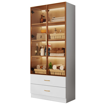Middelgrote Vitrinekast / Display Cabinet – 75 cm Breed • 2 Grote Laden & 2 Glazen Deuren – Voor Slaapkamer, Woonkamer of Kantoor