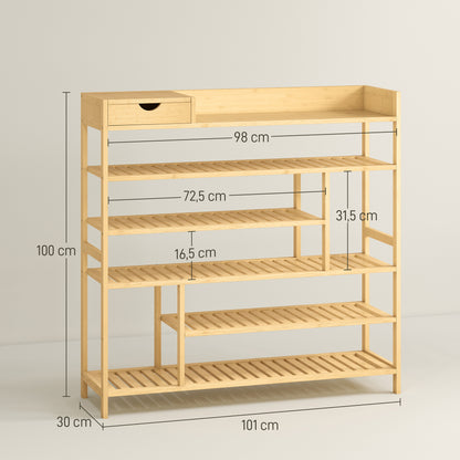 Schoenenkast – Schoenenrek – Schoenopberger – Schoenenschuifkast – Schoenmeubel – Bamboe Met Lade – Ruimte Voor 18 Paar Schoenen – Compact 101x30x100 cm