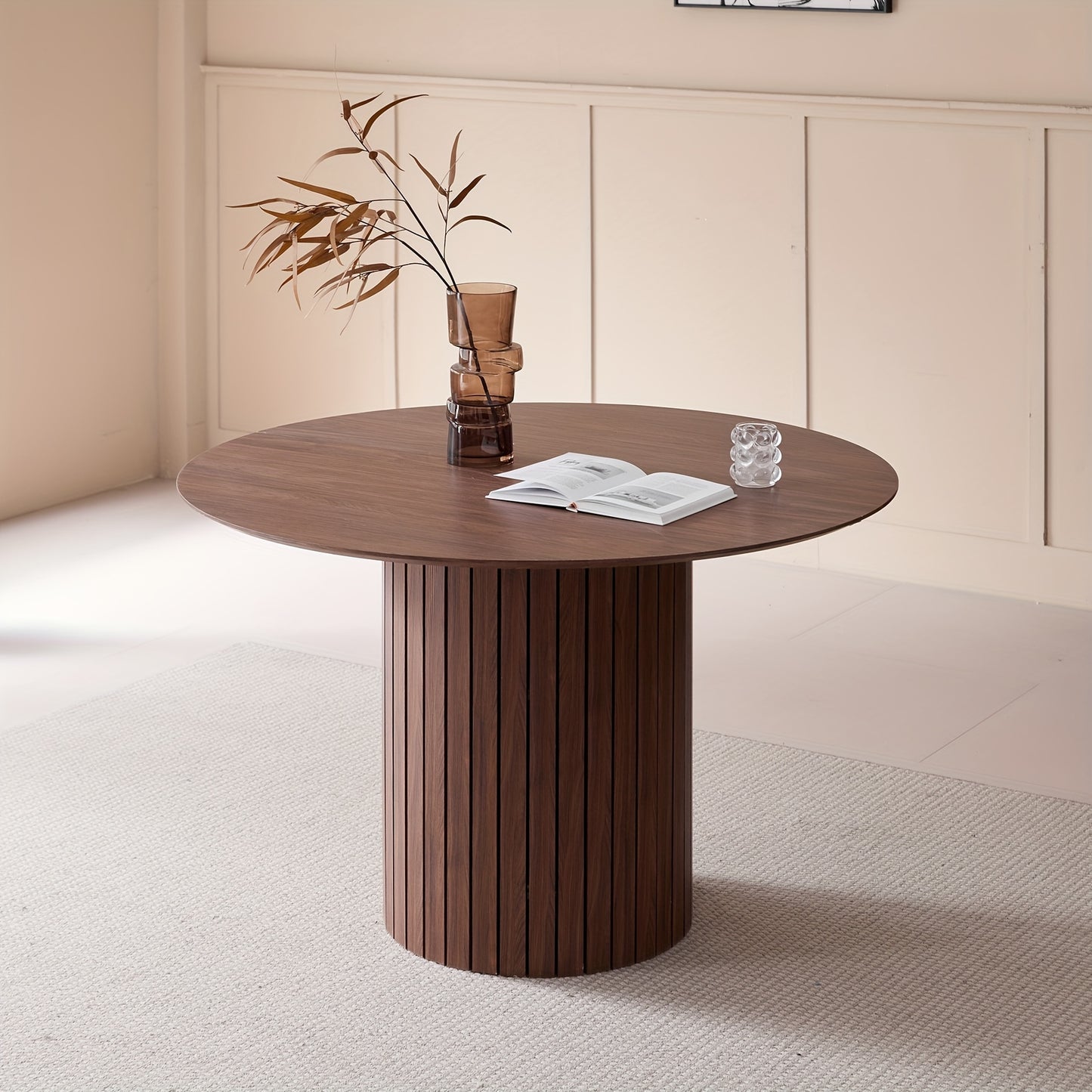 EGoonm 120cm Round Dining Table for 4-6 People - Modern Farmhouse Wood & Metal Kitchen Table with Slatted Pedestal Base, Heavy-Duty MDF/MDF Top, Brown Wood Grain, Adjustable Leveling Feet & Scratch, Easy Assembly (48